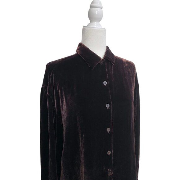 VTG Eileen Fisher Brown Velvet Button Front Long Sleeve Luxe Top Pant Set Sz M - Picture 6 of 6